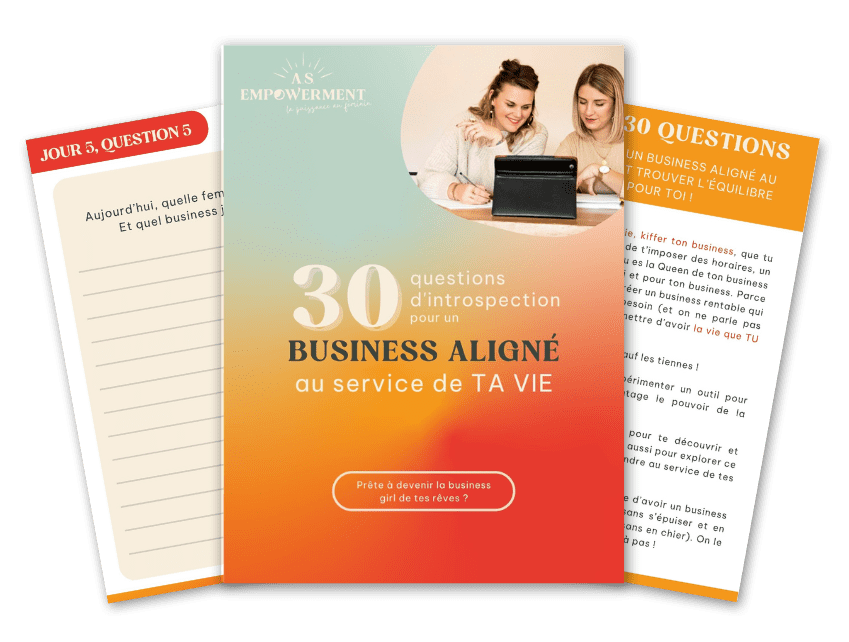 Photo du carnet gratuit proposé par Alice et Sabrina qui s'intitule "30 questions d'introspections pour un business aligné au service de ta vie"